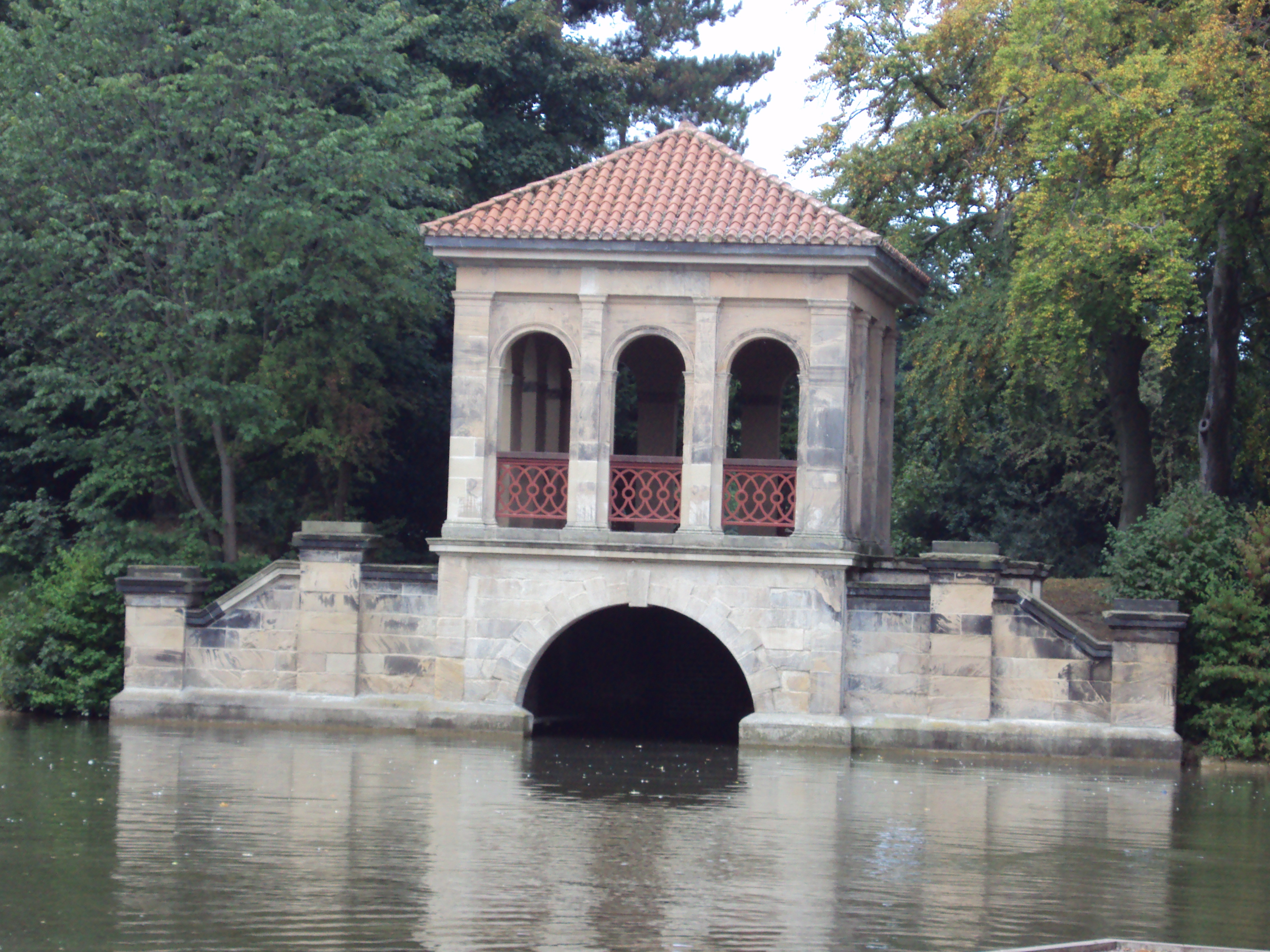 The Roman Boathouse on the lake in Birkenhead Park